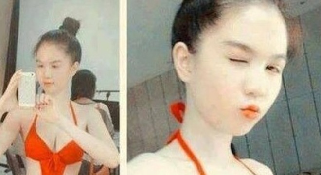 Hình ảnh Ngọc Trinh sexy trong bộ bikini có in cờ Trung Quốc