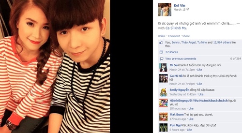 Huy Khánh đăng tấm ảnh cả hai mặc áo đôi lên Facebook và nhận được sự ủng hộ cuồng nhiệt của các fan.