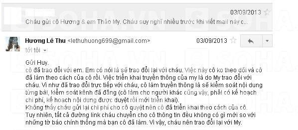 Các email trao đổi về chuyện tiền nong của H.T với Thảo My và mẹ nữ ca sỹ.