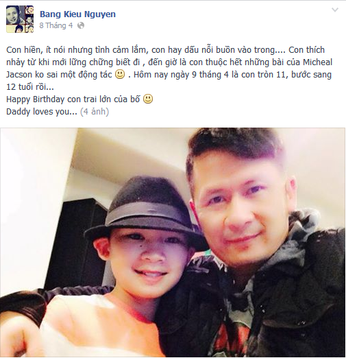 Bằng Kiều chia sẻ những lời khen ngợi cho cậu trên trang facebook cá nhân của anh, nhân ngày sinh nhật con trai tròn 12 tuổi