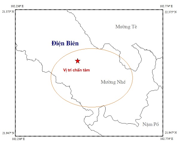 Bản đồ tâm chấn động đất vừa xảy ra ở huyện Mường Nhé, tỉnh Điện Biên