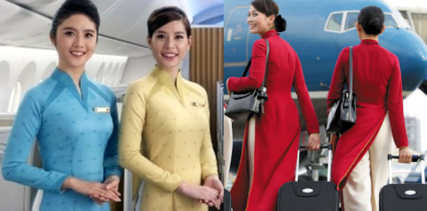 Hình ảnh so sánh giữa mẫu đồng phục cũ và đồng phục mới của Vietnam Airlines
