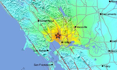 Bản đồ cho thấy tâm chấn của trận động đất tại Mỹ
