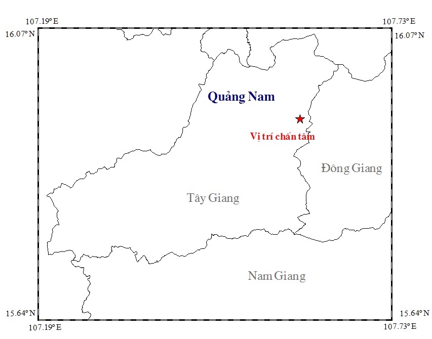  Bản đồ tâm chấn trận động đất xảy ra lúc 8h32p tại huyện Tây Giang, Quảng Nam. Ảnh: Viện Vật lý địa cầu