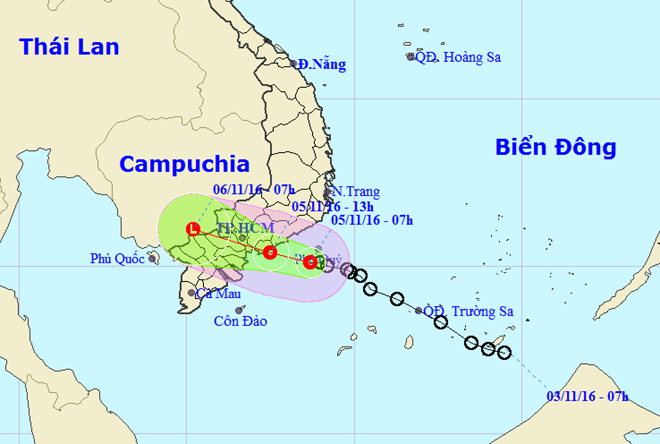 Áp thấp nhiệt đới vào bờ, Nam Bộ có mưa lớn từ trưa nay. Ảnh: Trung tâm Dự báo Khí tượng Thủy văn Trung ương 