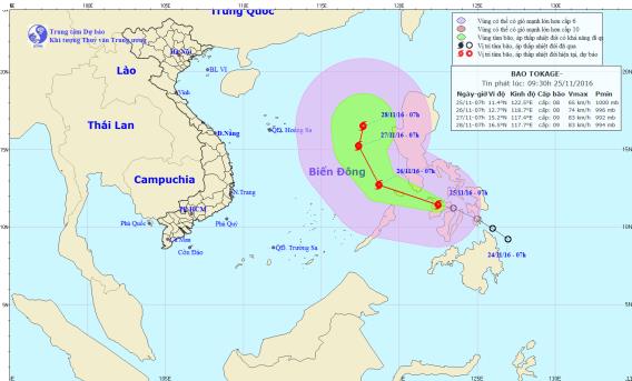 Áp thấp nhiệt đới ở biển Đông mạnh lên thành bão Tokage. Ảnh: TTKTTVTW 