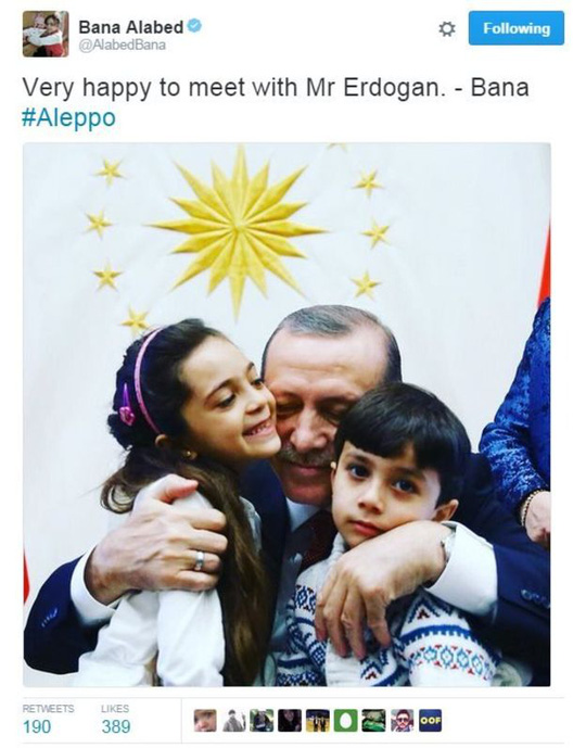  Chiến sự Syria: Bé Bana cũng chia sẻ hình ảnh gặp tổng thống Thổ Nhĩ Kỳ trên Twitter. Ảnh: Twitter