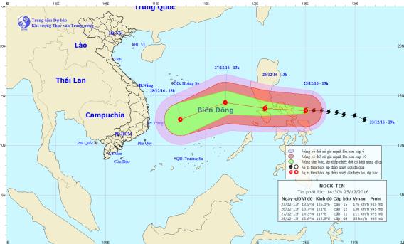  Vị trí và hướng đi của cơn bão Nock-ten đang tiến vào biển Đông. Ảnh: TTKTTVTW