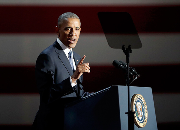 Tổng thống Obama phát biểu chia tay tại TP Chicago. Ảnh: Reuters