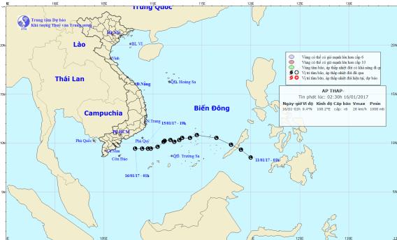  Vị trí và hướng di chuyển của áp thấp nhiệt đới trên biển Đông. Ảnh: TTKTTVTW