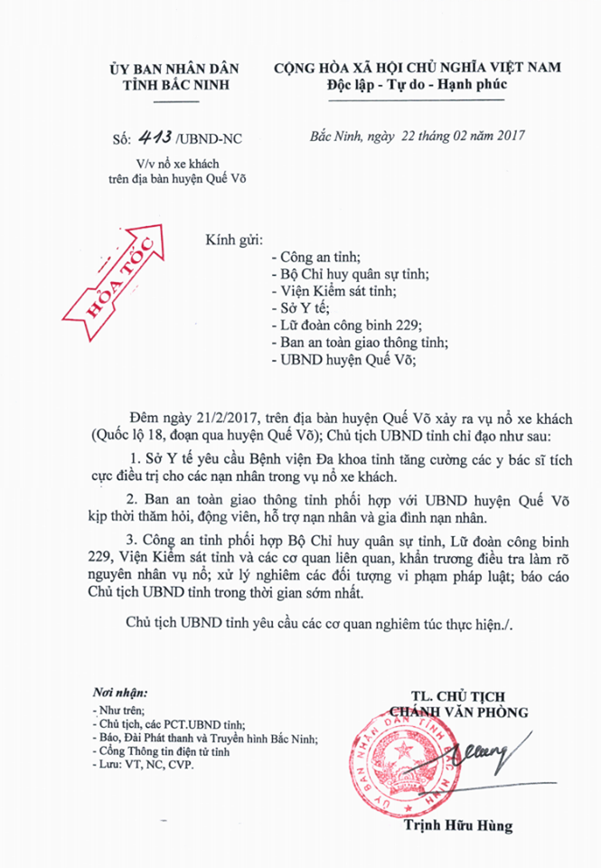  Công văn hỏa tốc của UBND tỉnh Bắc Ninh chỉ đạo về vụ nổ xe khách Ka Long Công văn hỏa tốc của UBND tỉnh Bắc Ninh chỉ đạo về vụ nổ xe khách Ka Long