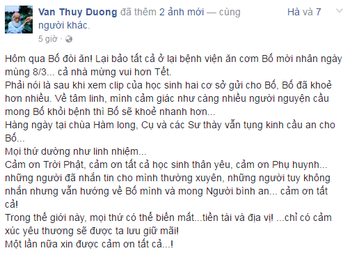 Cô Văn Thùy Dương - con gái thầy Văn Như Cương thông báo tình hình sức khỏe của thầy trên facebook cá nhân  