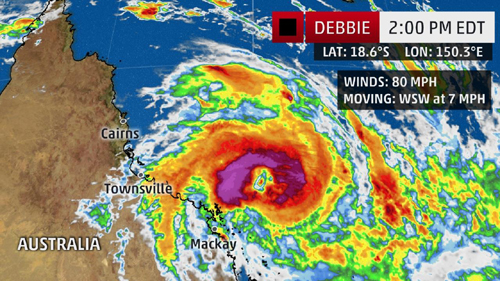  Hình ảnh cơn bão Debbie đang đe dọa Australia. Ảnh: weather.com