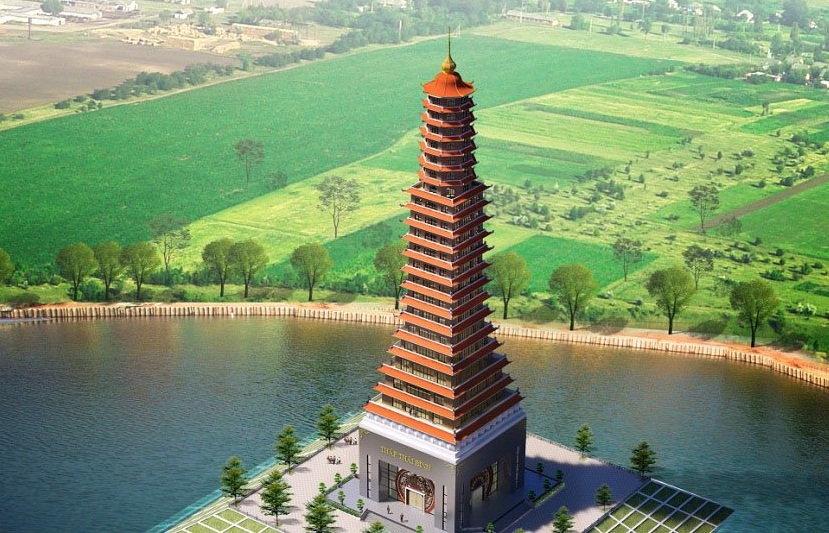  Phối cảnh Th&aacute;p Th&aacute;i B&igrave;nh cao 25 tầng ở giữa hồ nước