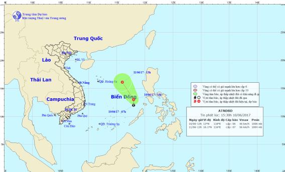  Vị trí và hướng đi của áp thấp nhiệt đới trên biển Đông. Ảnh: TTDBKTTVTW