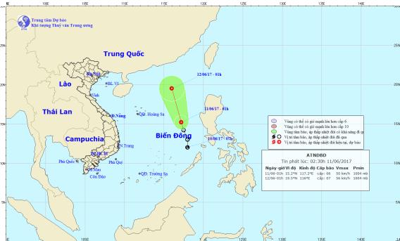  Vị trí và hướng đi của áp thấp nhiệt đới trên biển Đông. Ảnh: TTDBKTTVTW
