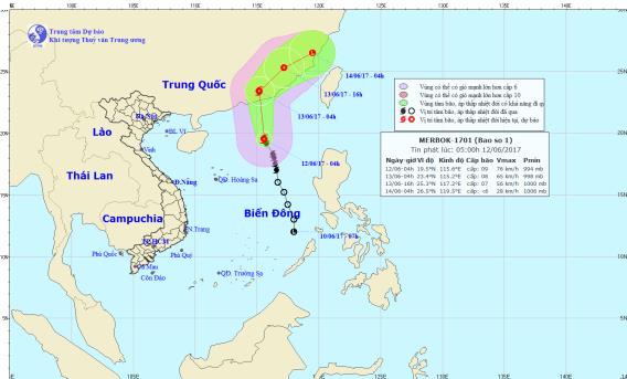  Vị trí và hướng đi của cơn bão số 1 trên biển Đông. Ảnh: TTDBKTTVTW