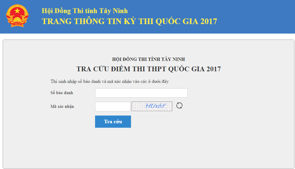  Giao diện hệ thống tra cứu điểm thi THPT quốc gia 2017 tỉnh Tây Ninh
