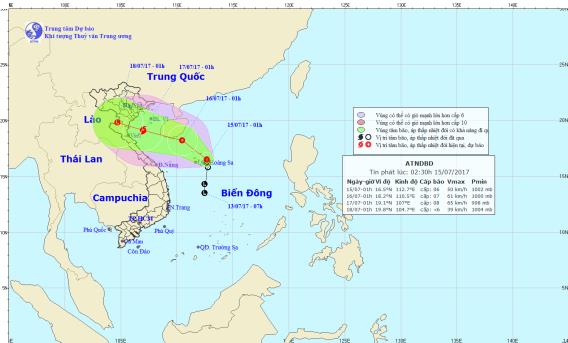  Vị trí và hướng đi của áp thấp nhiệt đới trên biển Đông. Ảnh: TTKTTVTW