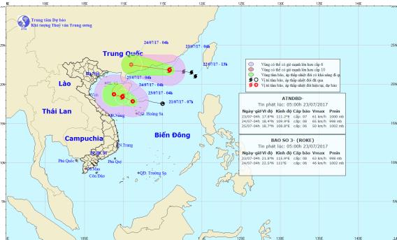  Vị trí và hướng đi của cơn bão số 3 và áp thấp nhiệt đới trên biển Đông. Ảnh: TTDBKTTVTW