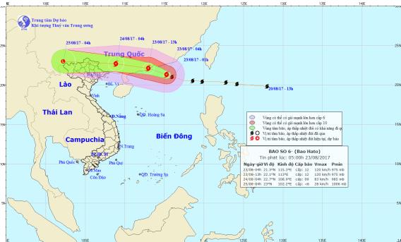  Vị trí và hướng đi của cơn bão số 6 trên biển Đông. Ảnh: TTDBKTTVTW