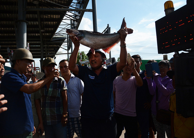 Người dân mang cá tra ra trước trạm BOT Biên Hòa để phản đối. Ảnh: Đức Trong (Báo Tuổi trẻ) 