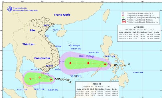  Vị trí và hướng đi của áp thấp nhiệt đới và bão số 12. Ảnh: TTDBKTTVTW