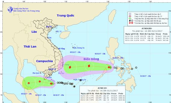 Vị trí, hướng đi của bão số 14 và áp thấp nhiệt đới trên biển Đông. Ảnh: TTDBKTTVTW