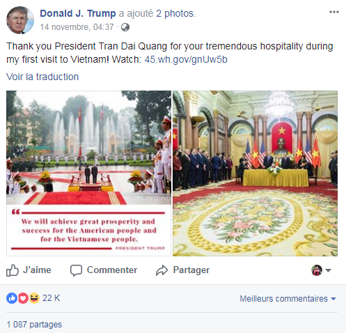  Tổng thống Donald Trump cảm ơn Chủ tịch nước Trần Đại Quang trên trang Facebook cá nhân. Ảnh chụp màn hình