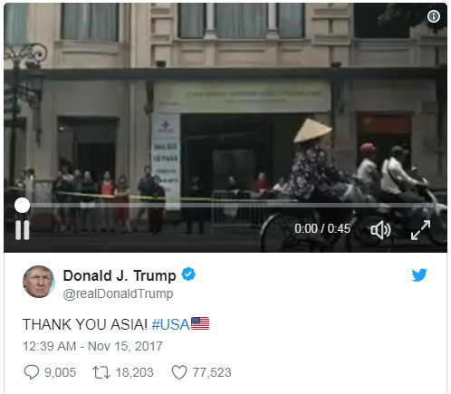 Video cảm ơn châu Á của Tổng thống Donald Trump thu hút nhiều lượt thích và chia sẻ. Ảnh chụp màn hình