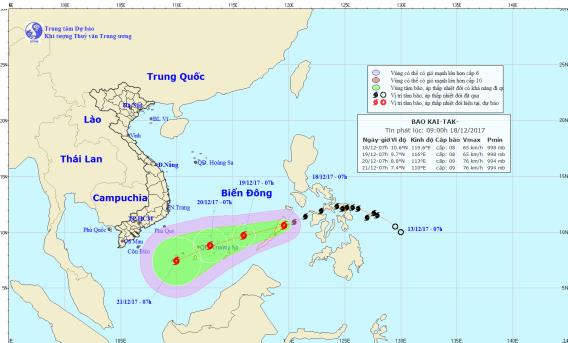 Vị trí và hướng đi của cơn bão Kai-tak gần biển Đông. Ảnh: TTDBKTTVTW