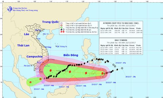  Cơn bão Tembin đang di chuyển vào biển Đông. Ảnh: TTDBKTTVTW