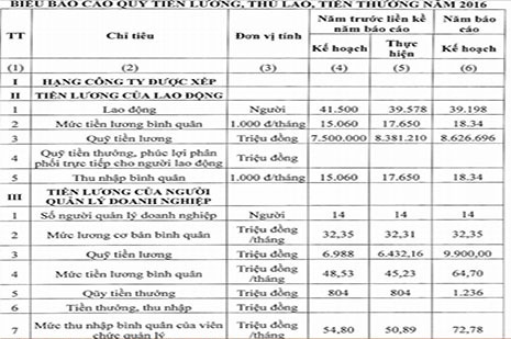  Báo cáo quỹ tiền lương, thù lao, tiền tưởng năm 2016 của Tập đoàn Bưu chính Viễn thông Việt Nam (VNPT). Ảnh: Vneconomy