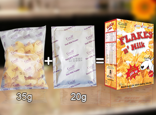 Bánh ngũ cốc sữa dê Flakes n Milk gồm 1 gói bánh 35g và 1 gói sữa dê 20g.