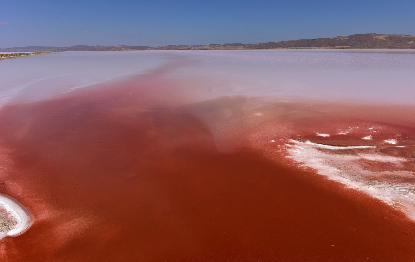 Hồ nước rộng 600 dặm đều phủ một màu đỏ kỳ lạ