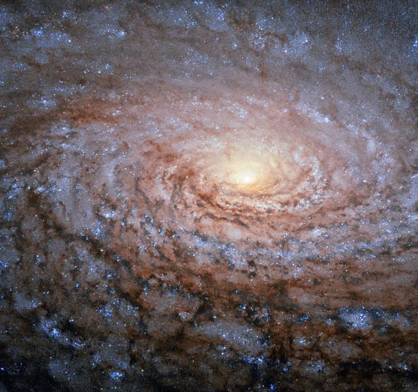 Kính thiên văn Hubble đã thu được những hình ảnh đầu tiên về Thiên hà Hoa Hướng Dương – Messier 63. Các vòng xoắn ốc của thiên hà phát sáng lấp lánh với những ngôi sao trắng xanh. Ảnh ESA/ Hubble NASA