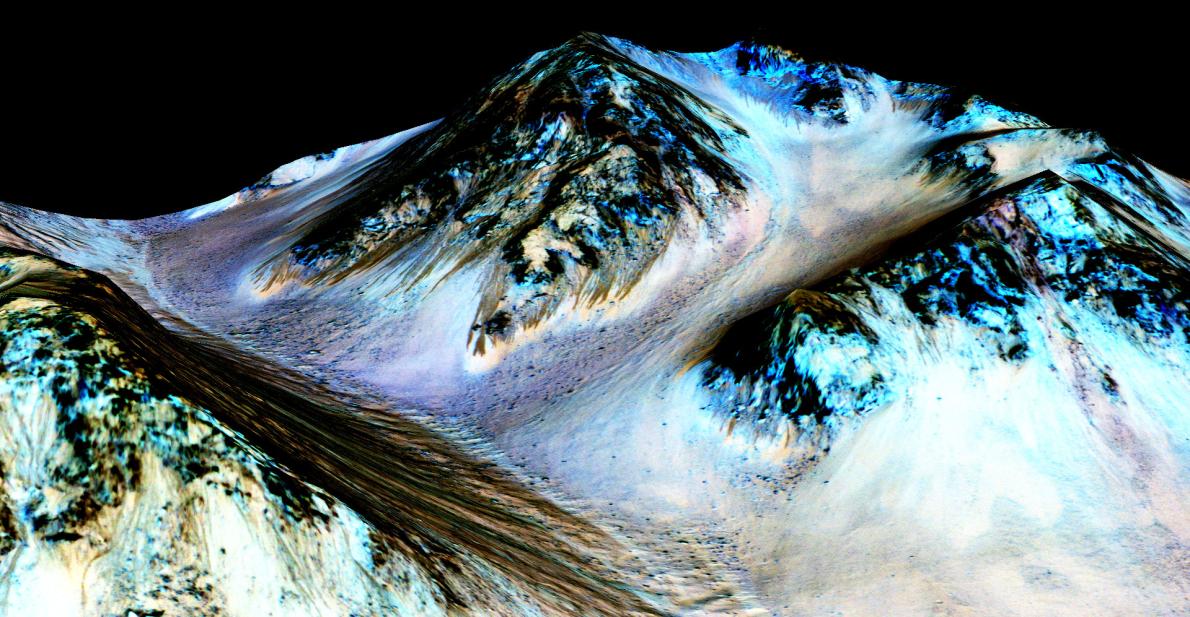 Các nhà khoa học tin rằng, vùng đen trải dài trên bề mặt khu vực Hale Crater của sao Hỏa là bằng chứng cho thấy nước ở dạng lỏng vẫn đang tồn tại trên hành tinh Đỏ. Ảnh NASA