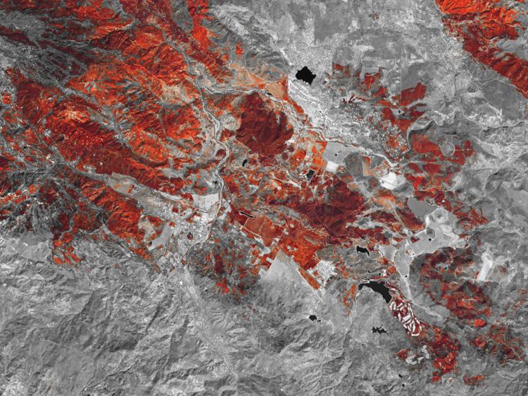 Hình ảnh về đợt cháy rừng tại California, phần có màu đỏ hoặc cam là vùng rừng bị cháy, phần màu bạc là vùng chưa bị lửa tấn công, còn các tòa nhà là phần màu trắng. Ảnh NASA Earth Observatory