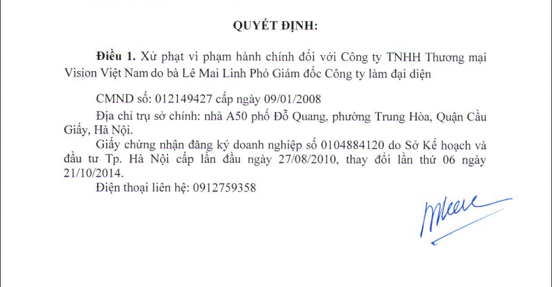 Công ty TNHH Thương mại Vision Việt Nam bị phạt 25 triệu đồng