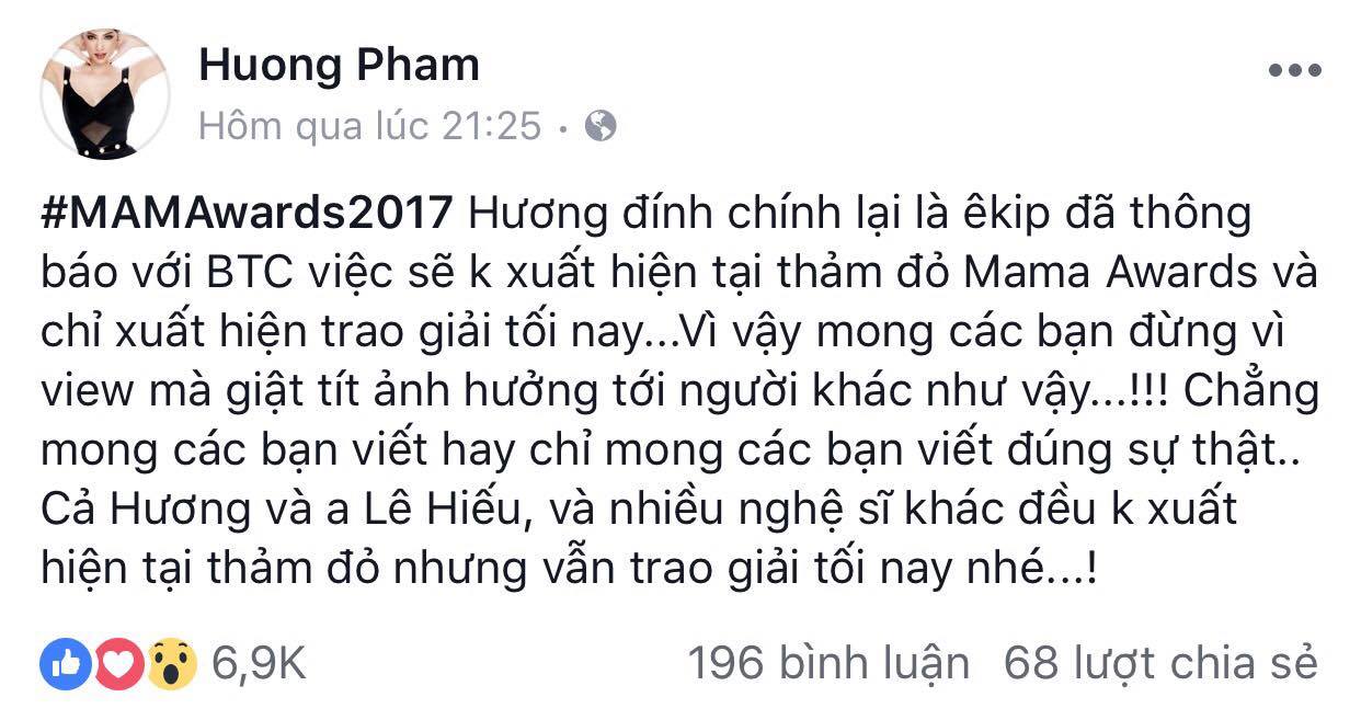 Phạm Hương bức xúc trước ồn ào 'đi trễ' tại MAMA 2017