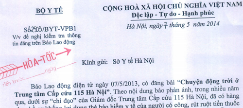 Công văn Bộ Y tế yêu cầu báo cáo vụ việc ở 115 Hà Nội