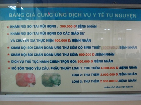 Viện phí khu vực khám chữa bệnh tự nguyện bệnh viện Tai Mũi Họng Trung ương. Ảnh: HT