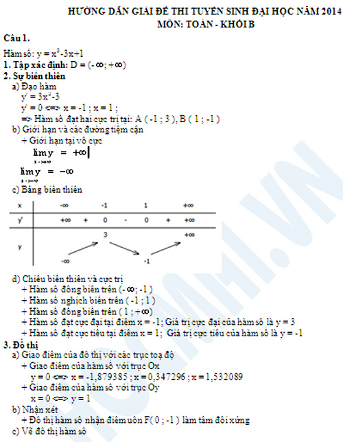 Đáp án đề thi đại học môn toán khối b năm 2014