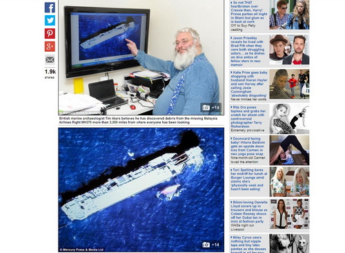 Chuyên gia khảo cổ đại dương Tim Akers (bên trên) và hình ảnh một vật thể đang trôi gần một dàn khoan ngoài khơi Việt Nam ở biển Đông mà ông cho rằng đây là mảnh vỡ MH370 - Ảnh chụp màn hình bản tin trên Daily Mail