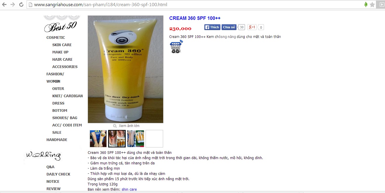 Cream 360 được rao bán trên trang web http://www.sangriahouse.com/, được quảng cáo với những công dụng, khuyến cáo không có trên nhãn mác