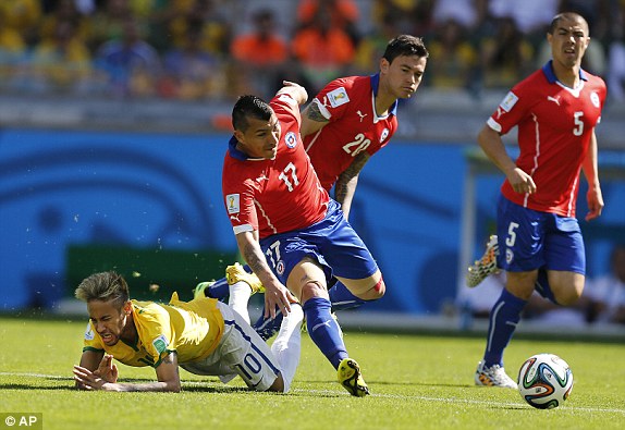 Neymar bị các cầu thủ Chile kèm chặt trong trận đấu Brazil gặp Chile tại World Cup 2014