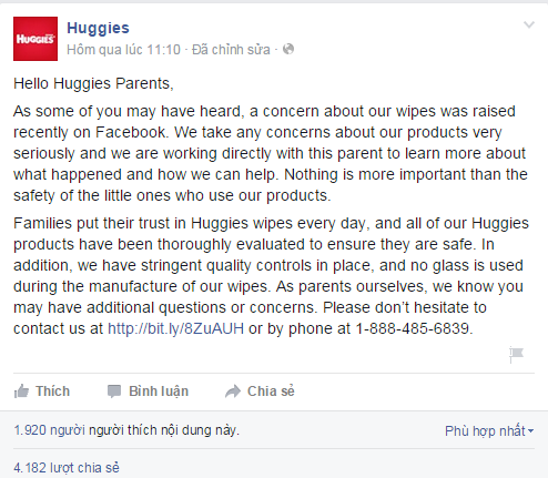 Phản hồi của hãng Huggies trên Facebook chính thức về thông tin sản phẩm khăn giấy ướt có chứa vụn thủy tinh