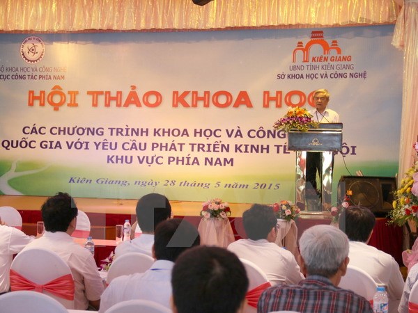 Bộ trưởng Bộ Khoa học v&agrave; C&ocirc;ng nghệ Nguyễn Qu&acirc;n ph&aacute;t biểu tại hội thảo. (Ảnh: Trường Giang/TTXVN)