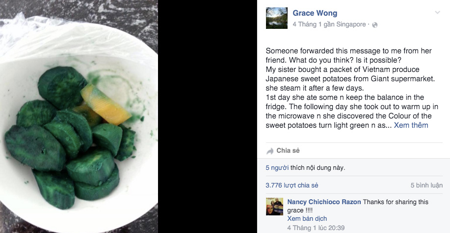 Bài đăng kèm hình ảnh khoai lang Việt Nam chuyển xanh xuất hiện trên mạng xã hội với hàng nghìn lượt chia sẻ