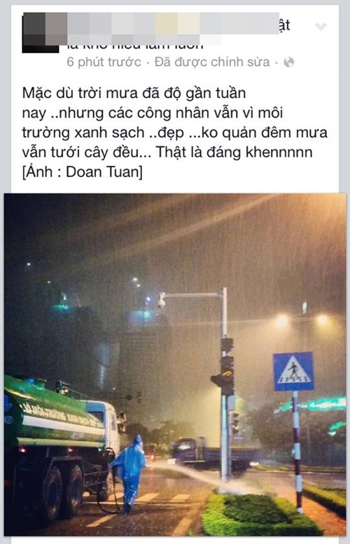 Bức ảnh ‘Công nhân tưới cây giữa đêm mưa tầm tã ở Hà Nội’ thu hút sự chú ý của cộng động mạng xã hội